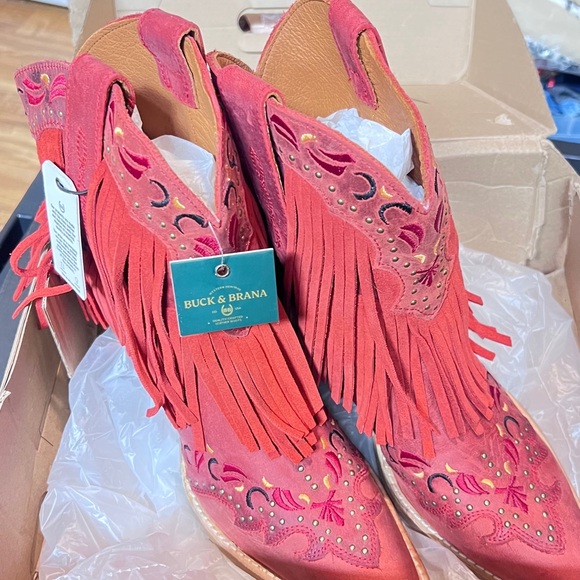 Red Suede Fringe Ankle Boots - Picture 8 of 9